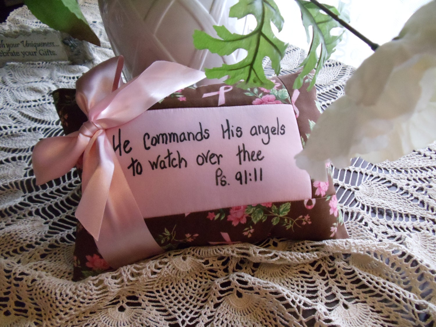 Quilted Pillow - Breast Cancer - He Commands His Angels to Watch Over Thee