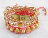 Set of stack bracelets IMAGINE friendship bracelets macrame bracelet hand stamped gold beads coral beige