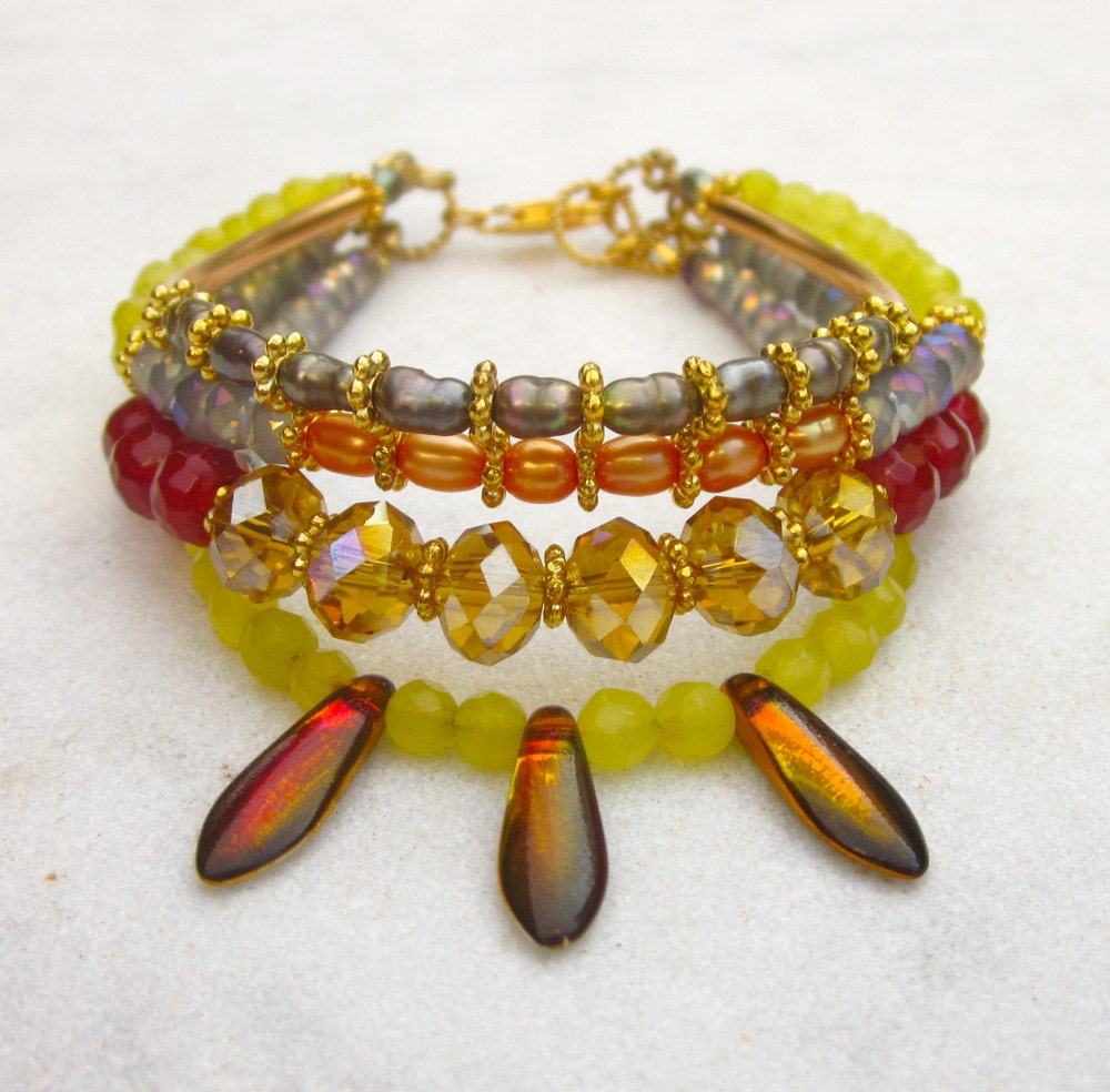 Multi strand beaded Bohemian bracelet cuff friendship bracelet crystals agate jade pearls ooak gypsy bracelet boho chic bracelet