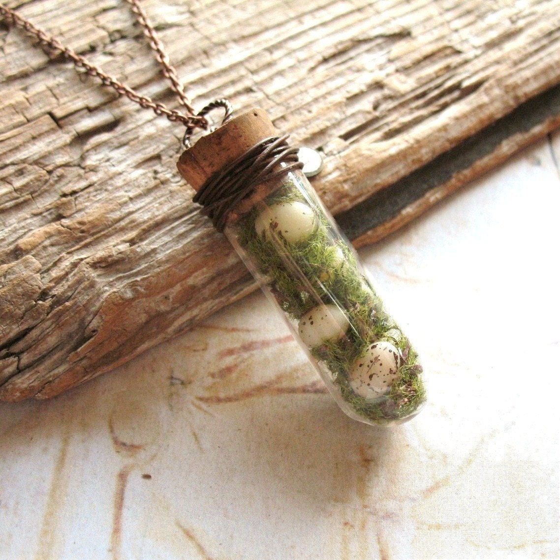 Nest - Vintage Glass Vial Moss Nest and Eggs Assemblage Handmade Necklace