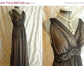 Sale 60s Lingerie // Vintage 1960s Black Over Pink Chiffon Goddess Nightgown by Vanity Fair Size S
