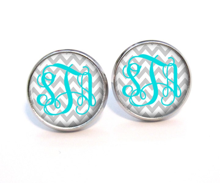 Monogram Stud Earrings Light Grey Chevron Turquoise (383)