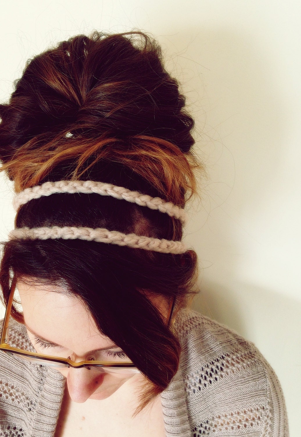 Linen HEADBAND - One Size, Acrylic Wool Yarn, Stretchy, Comfortable, Wood Bead, Fashion, Double Strand, Hippie, Boho, Yarnival.