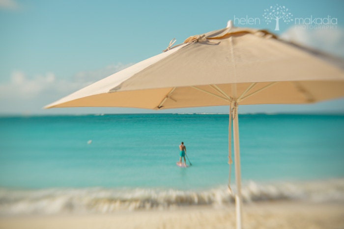 Fine Art Abstract Photograph. I'd Rather Be Paddleboarding. Blue Green Ocean Water. Tan Umbrella. Teal Green Blue Sky. Home Decor 8x12 Print