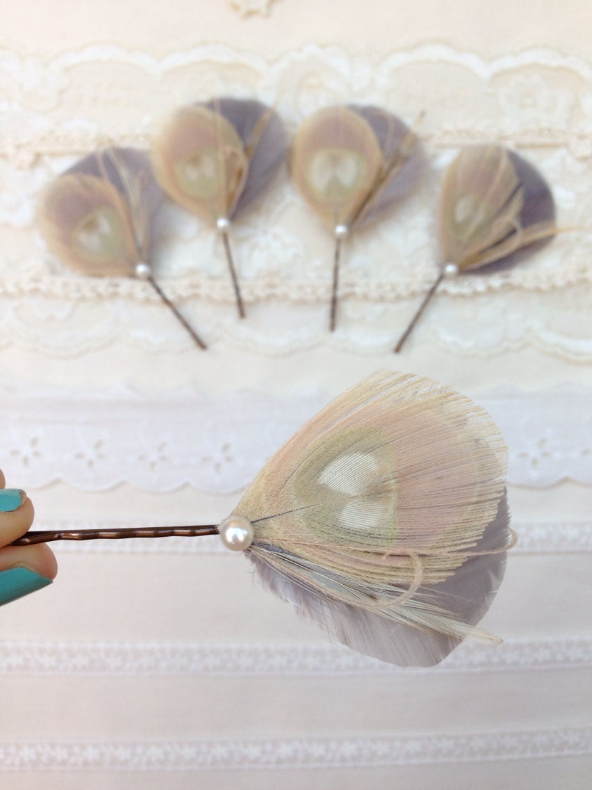 3 Bridesmaid Hair Accessories, Hair Pins, PLATINUM Wedding Hair Pins, Bridesmaid Gifts - grey champagne cream pearl - Vintage Inspired