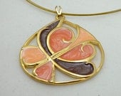 Vintage Butterfly Necklace Earrings Enamel Signed TC Abstract Gold Tone Peach Coral Purple Pierced Dangle