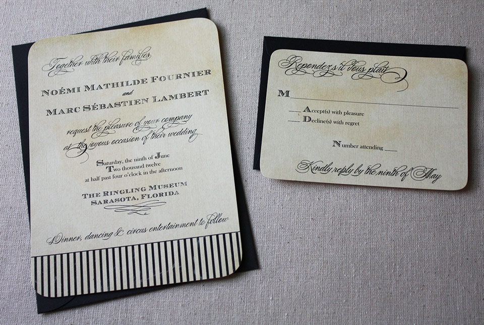 Vintage Circus Wedding Invitation Suite, 50 sets, the Noemi, printed on recycled materials