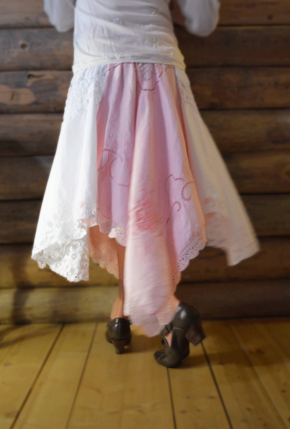 Women's Upcycled Clothing Handkerchief Hem Pink & White Layered Skirt Elastic Waist Eyelet Lace Eco Friendly OOAK Boho Shabby Cottage Chic