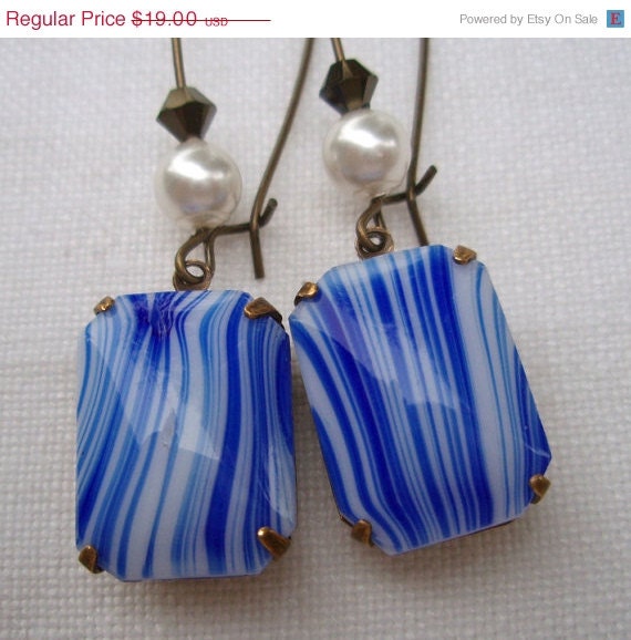 Memorial Day SALE 15% Off Dangle Earrings Jewelry Blue Marble Nautical Old Hollywood Vintage Rhinestone Pearl Earrings BELLE Royale