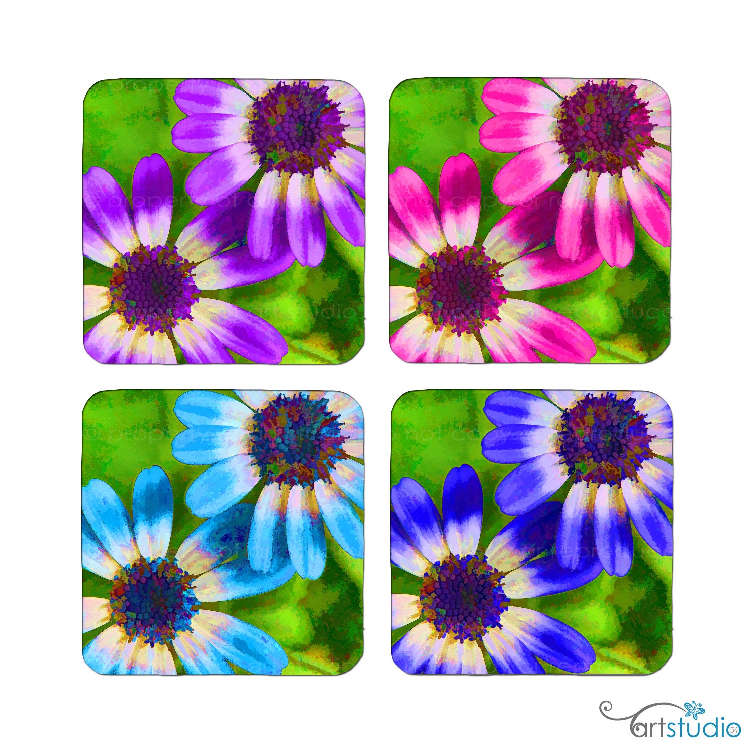 Coasters - Set of Four - Painted Pixels - Flowers Garden - Cork Bottom - Purple, Pink, Teal  Blue - Made by artstudio54
