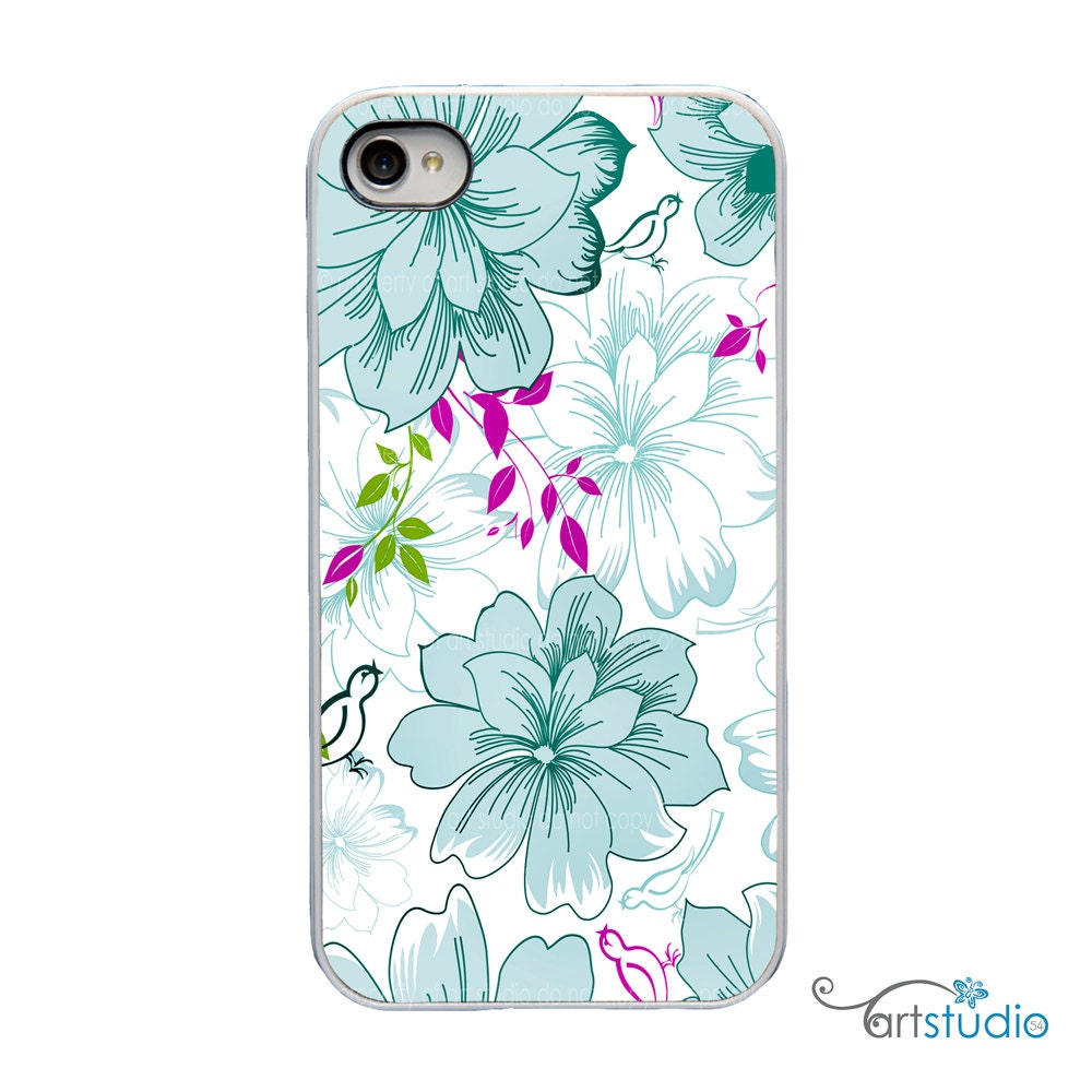 Flower Bird Teal Pink Green - White, Black, Clear Sides iPhone Case - IPhone 4S, 4 or 5 Hard Cover - Fun Bright Art Case - artstudio54