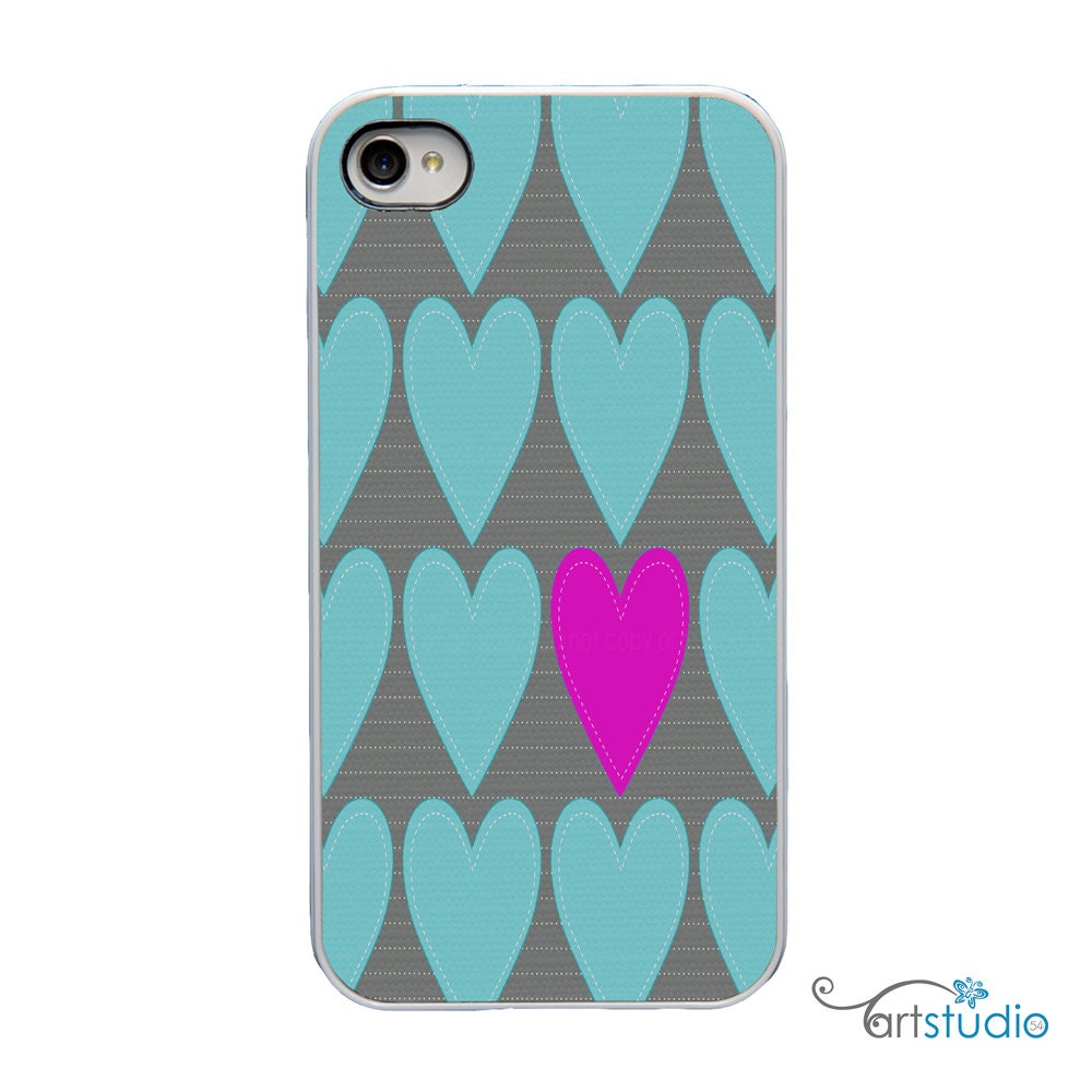 Teal Pink Gray Hearts  - White, Black, Clear Sides iPhone Case - IPhone 4S, 4 or 5 Hard Cover - Fun Bright Art Case - artstudio54