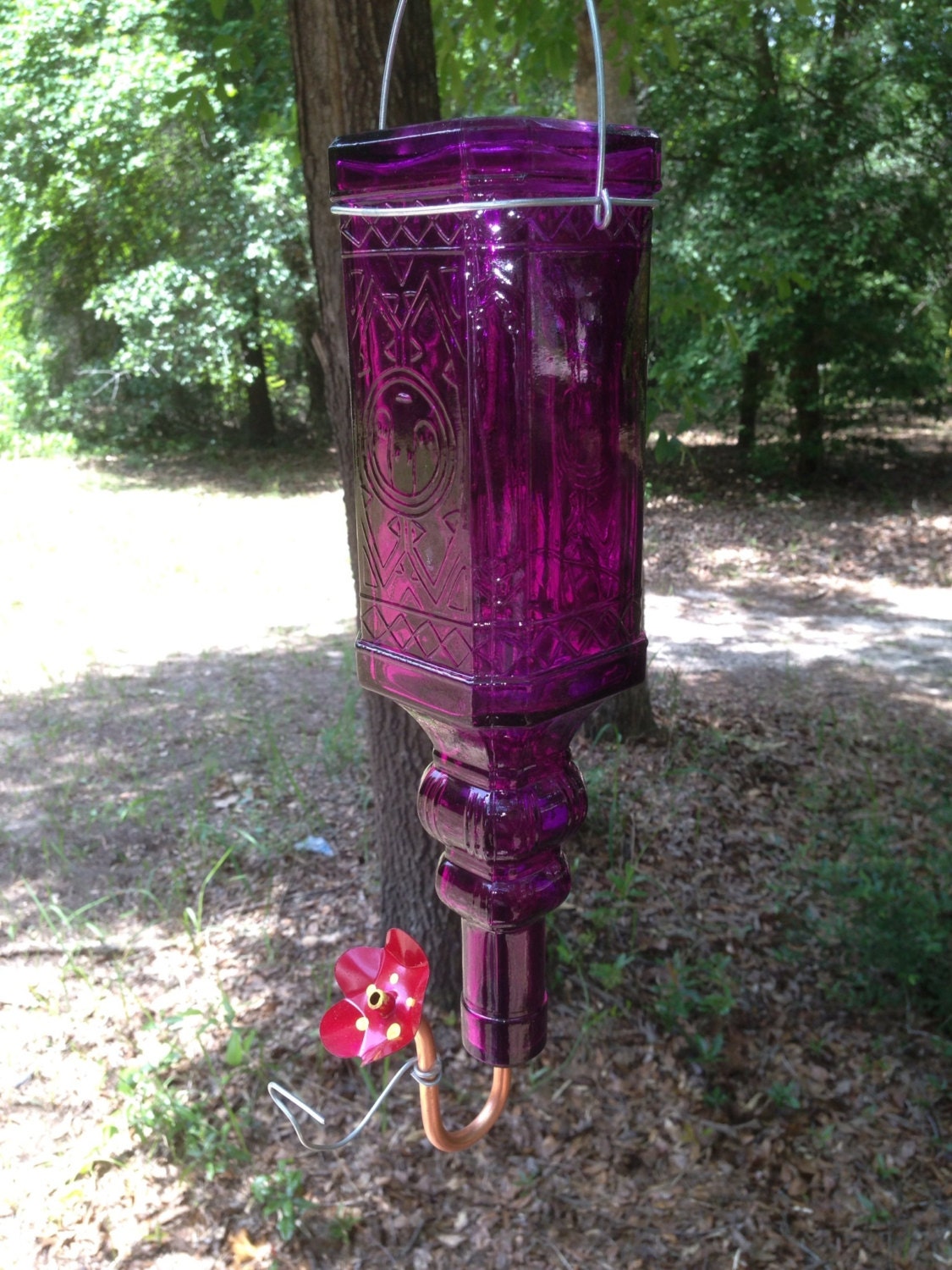Recycled Purple Glass Antique Bottle Hummingbird Feeder (FREE SHIPPING)