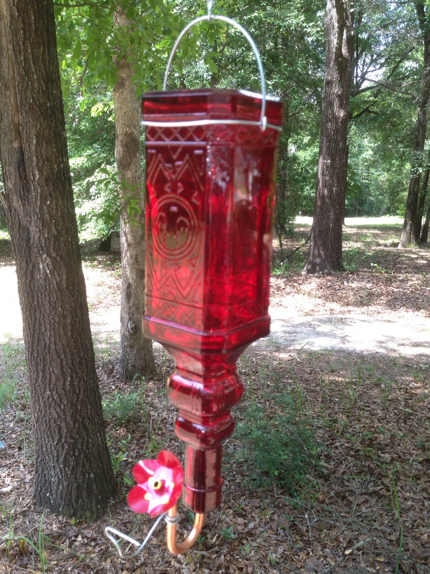 Recycled Red Glass Antique Bottle Hummingbird Feeder (FREE SHIPPING)