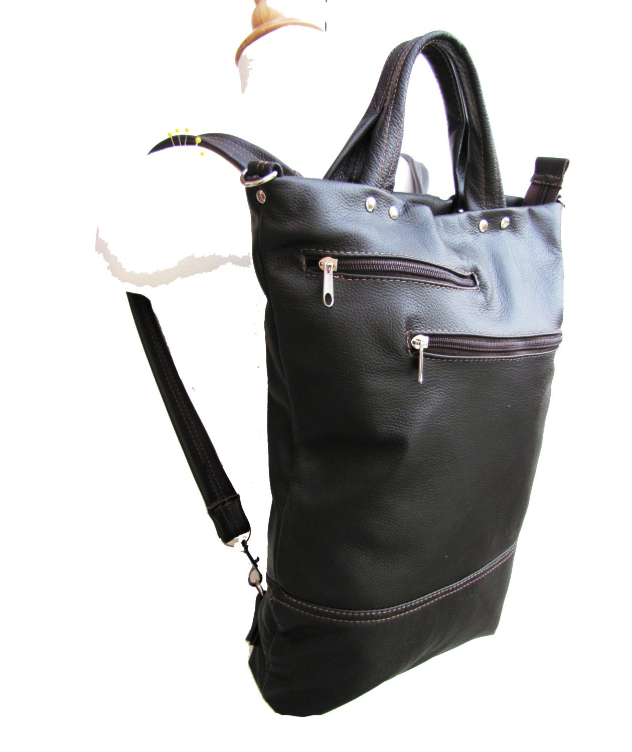 Convertible leather backpack, unisex laptop bag, men leather messenger, slim purse -  Brown