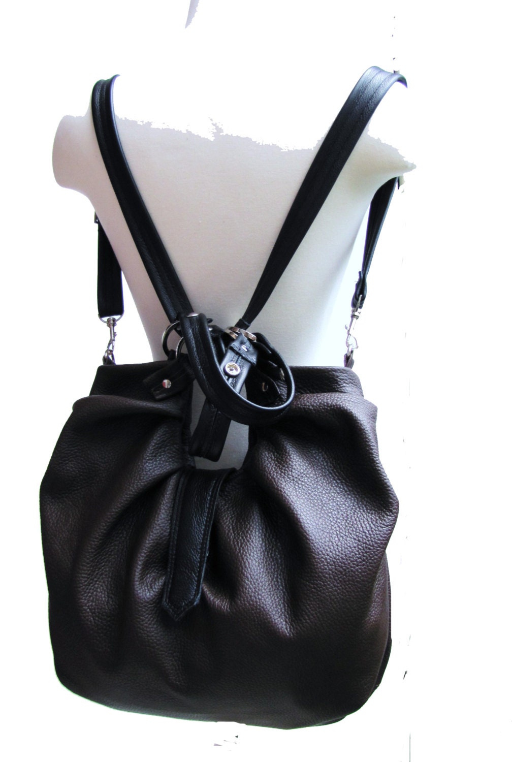 Dark brown leather pleated satchel, convertible backpack purse