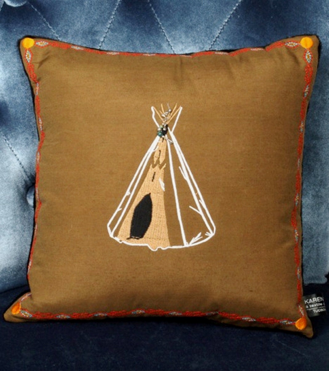 embroidered southwestern silk Pillow with black fur snap back