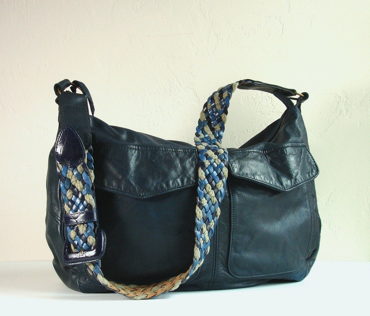large Navy blue leather crossbody Weekender bag