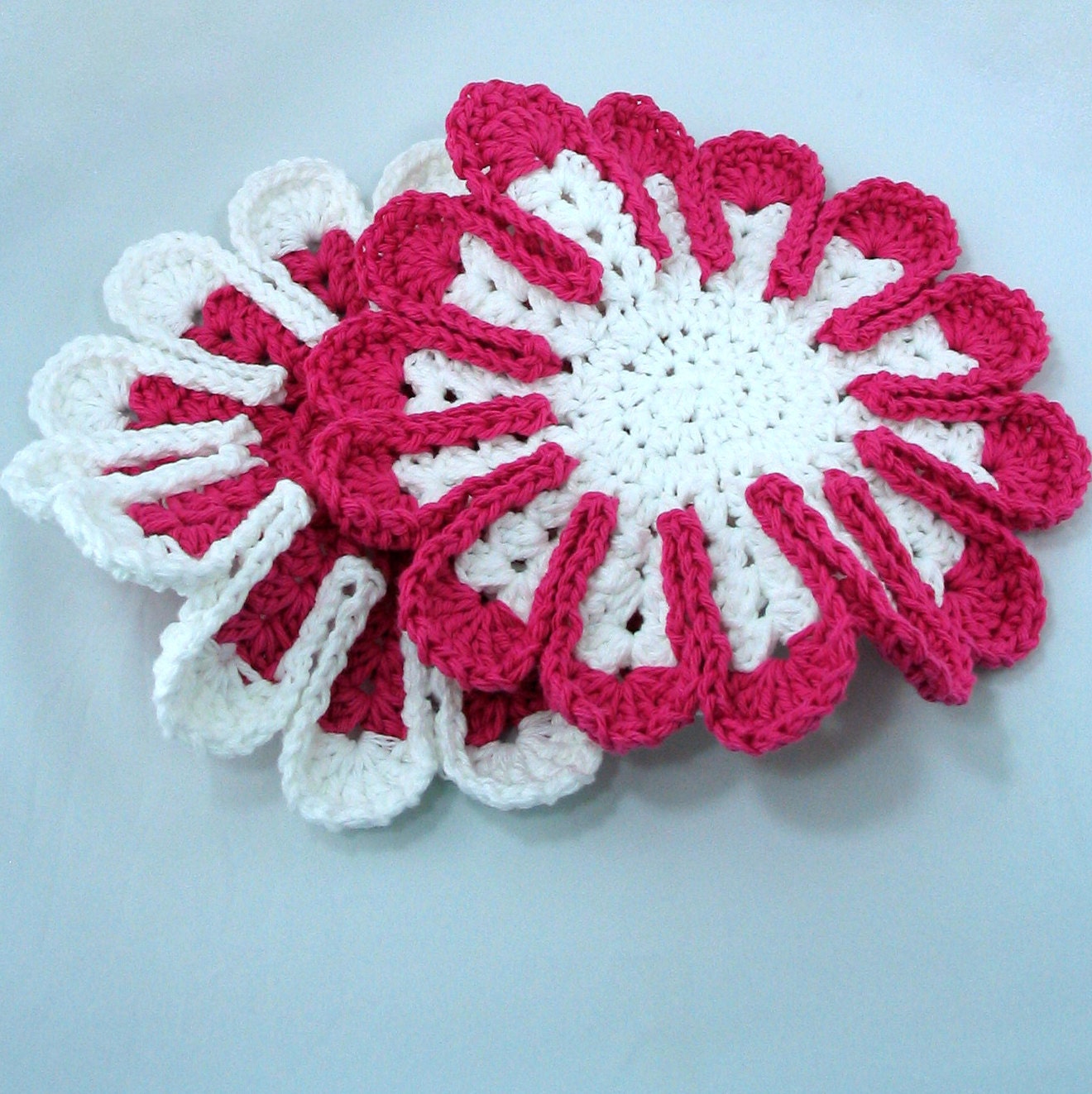 Hot Pink and White Crocheted Flower Dishcloths - Trivets or Potholders