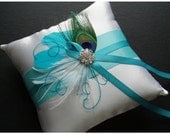 Peacock Feather Ring Bearer Pillow with Aqua Ribbon ringbearer custom modern