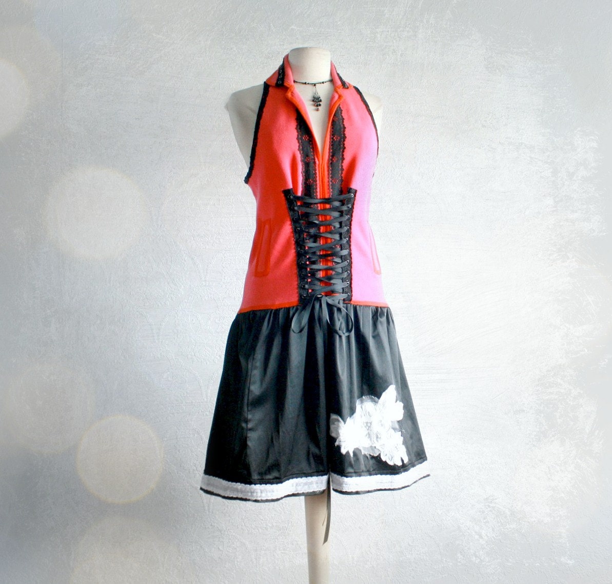Hot Pink Women's Corset Dress Black Lace Up Upcycled Clothing Eco Friendly Clothes Sleeveless Dress Bohemian Chic Large 'HARPER'