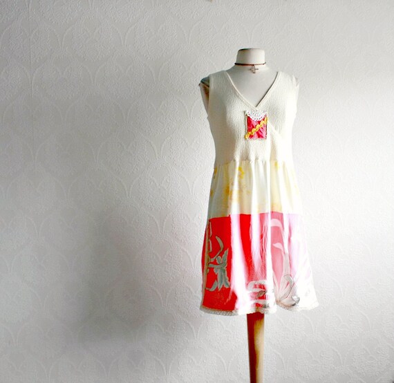 Pale Yellow Boho Chic Dress Coral Pink Upcycled Clothing Vintage ... Pale Yellow Boho Chic Dress Coral Pink Upcycled Clothing Vintage ...