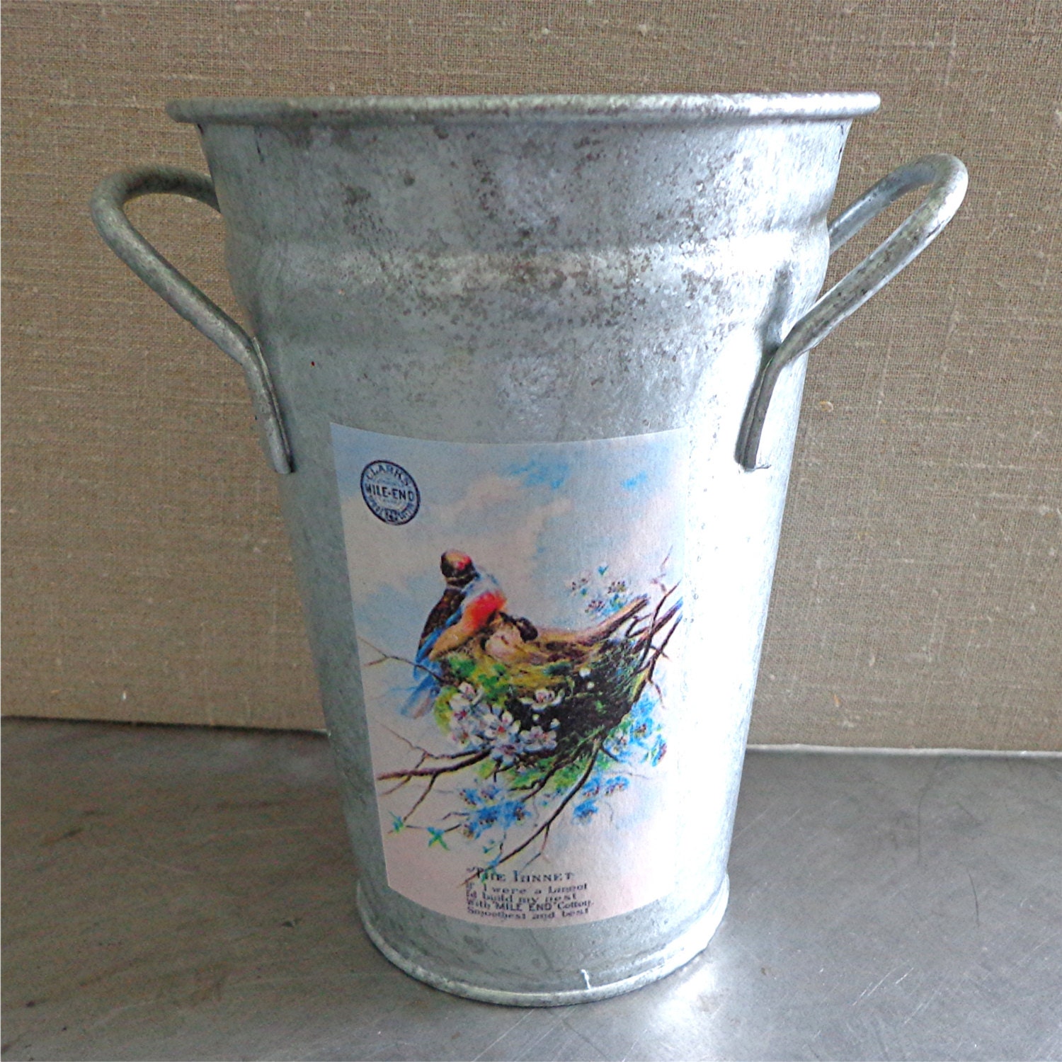 Tin Metal Bucket or Vase with handles / Birds in a Nest Label