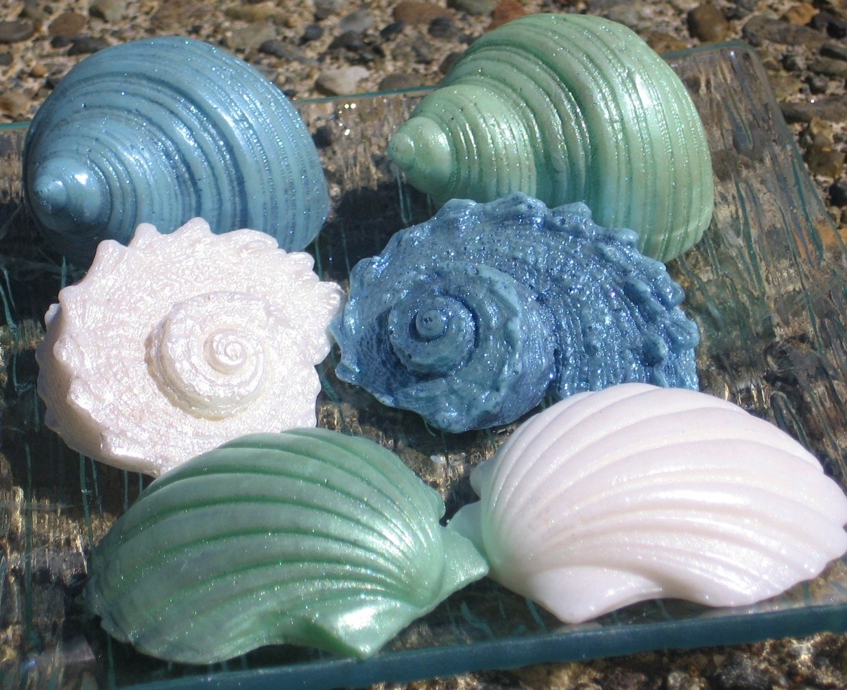 Seashell Soap - Shimmery White, Green and Blue Decorative Shell Soap Set - Gift Soap, Favors