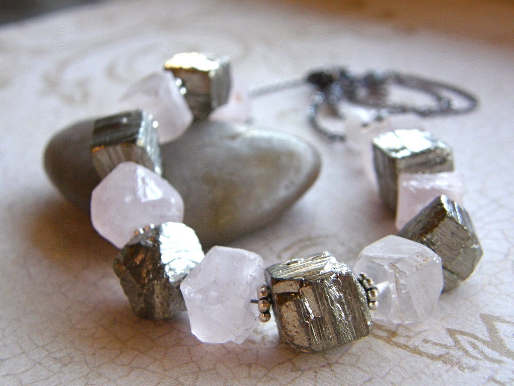 Rough Cut Rose Quartz and Pyrite Cube Necklace, Pink and Gold Necklace, Rustic Pink Stone Necklace