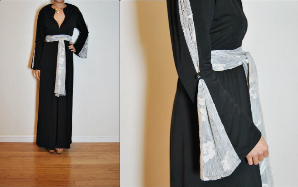 Vtg RAZA Black & White Lace Bell Sleeve Tie Waist Glam Hollywood Maxi Dress M