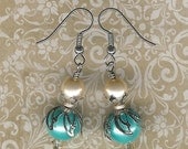 50% off SALE- Bridal Collection-Spring Fling Wedding or Easter Glass Aqua and Ivory Pearl Earrings with Filigree Bead Caps