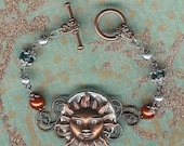 50% off SALE- Garden Girl Collection- Antique Copper Sun and Pearls with Teal Crystals and Silver Accents Bracelet
