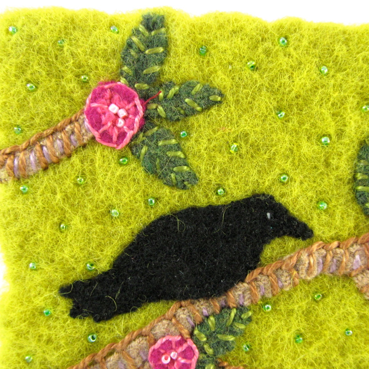 Framed Textile Wall Art, Embroidered, Embellished, Wool, Cashmere, Beads, Crow, Floral,  Felted, Applique