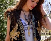 Vintage 70s Ethnic SEQUIN Vest Black Velvet Embroidered Indian Elephant & Lotus