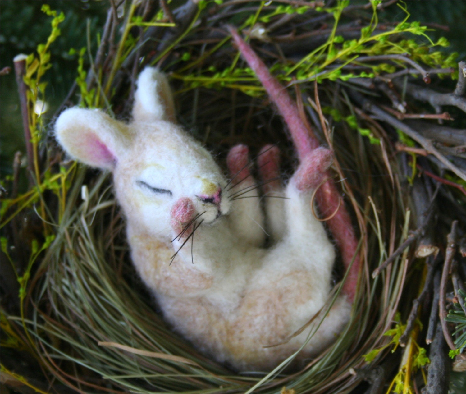 Tan and white life like Mouse in a Spring twig nest OOAK Alpaca Needle Felted Artist Doll