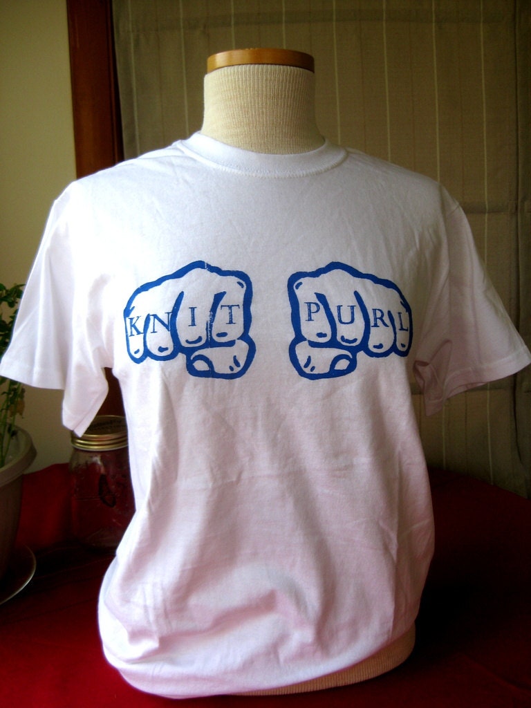 T-Shirt: Knit/Purl Knuckle Tattoos, Blue on White