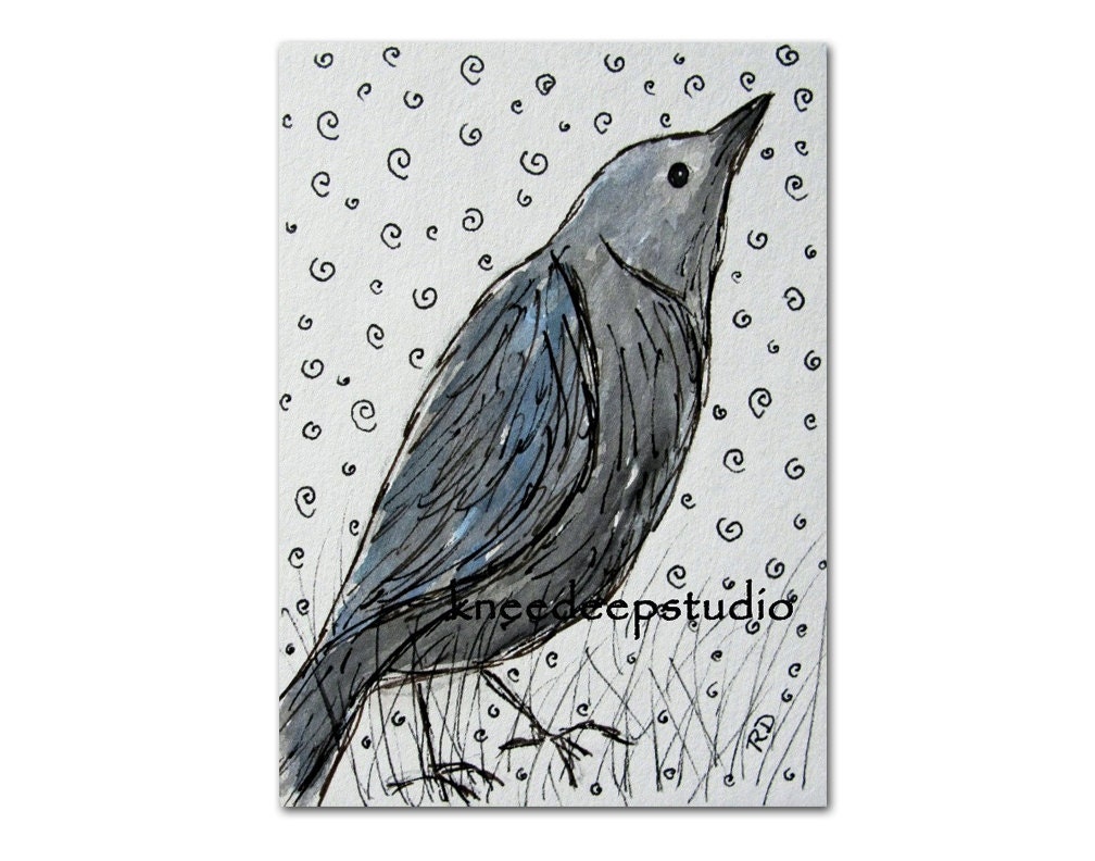 Raven Painting 8x10 fine art print modern wall decor black bird on white