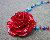 REAL Ruby Red ROSE and Turquoise, Jade and Coral Sterling Silver Necklace