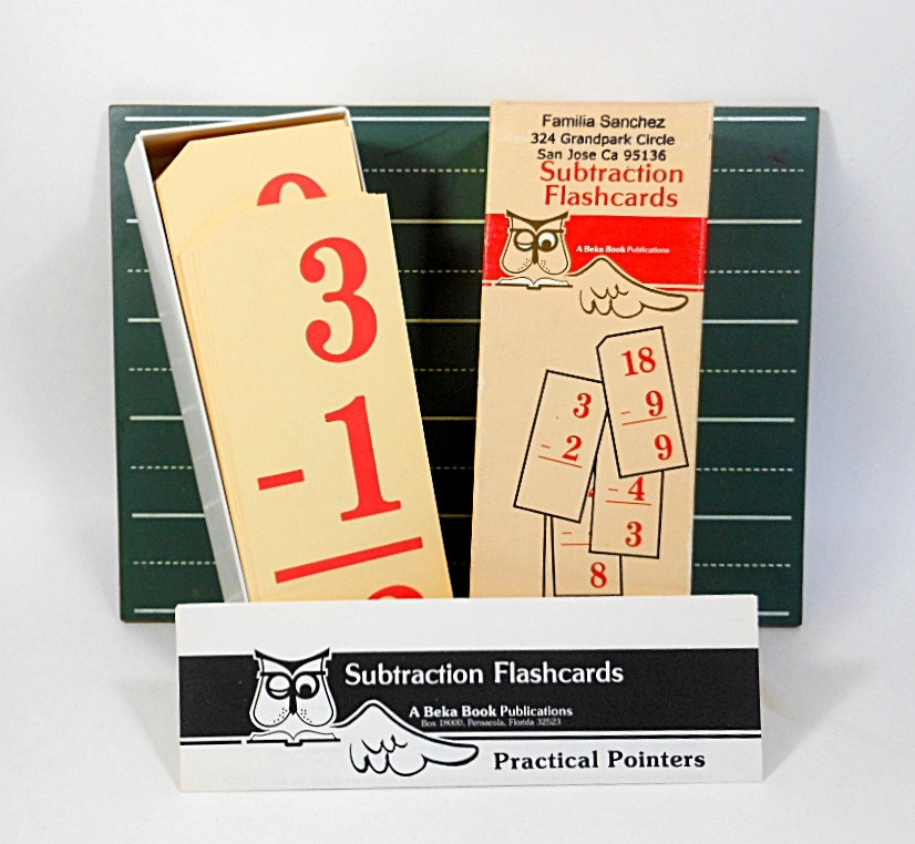Vintage Math Flash Cards SUBTRACTION Abeka Red Numbers Large Cardstock Boxed Paper Ephemera PeachyChicBoutique on Etsy