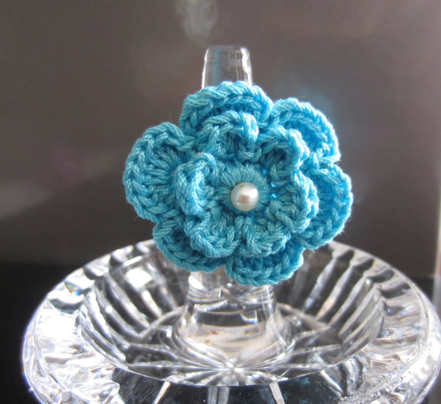Crochet Flower Ring,  Cotton & Fresh Water Pearl Ring, Women, Teens, Bridesmaid Gift
