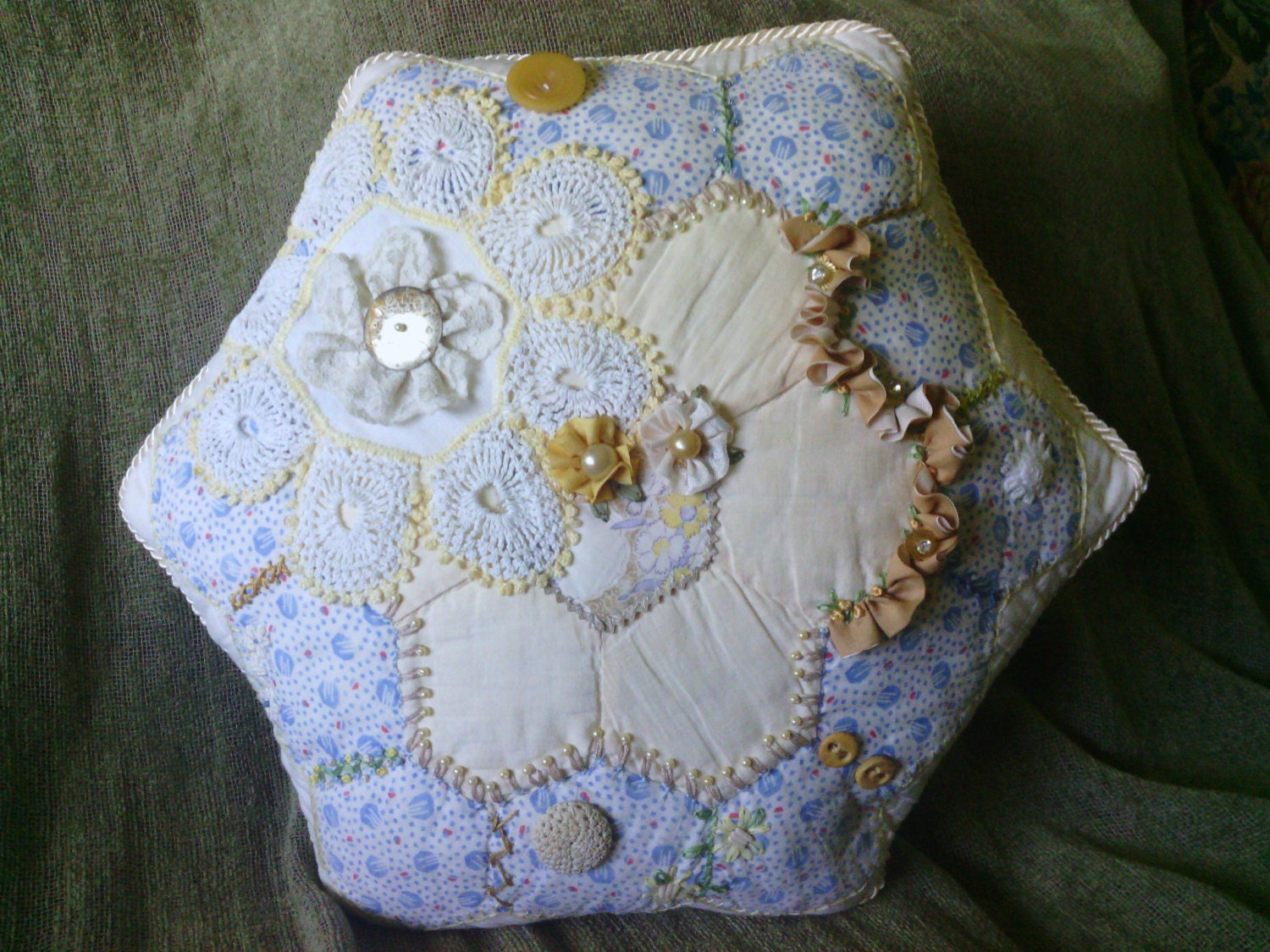 Blue Beige Golden Hexagon Crazy Quilt Pillow