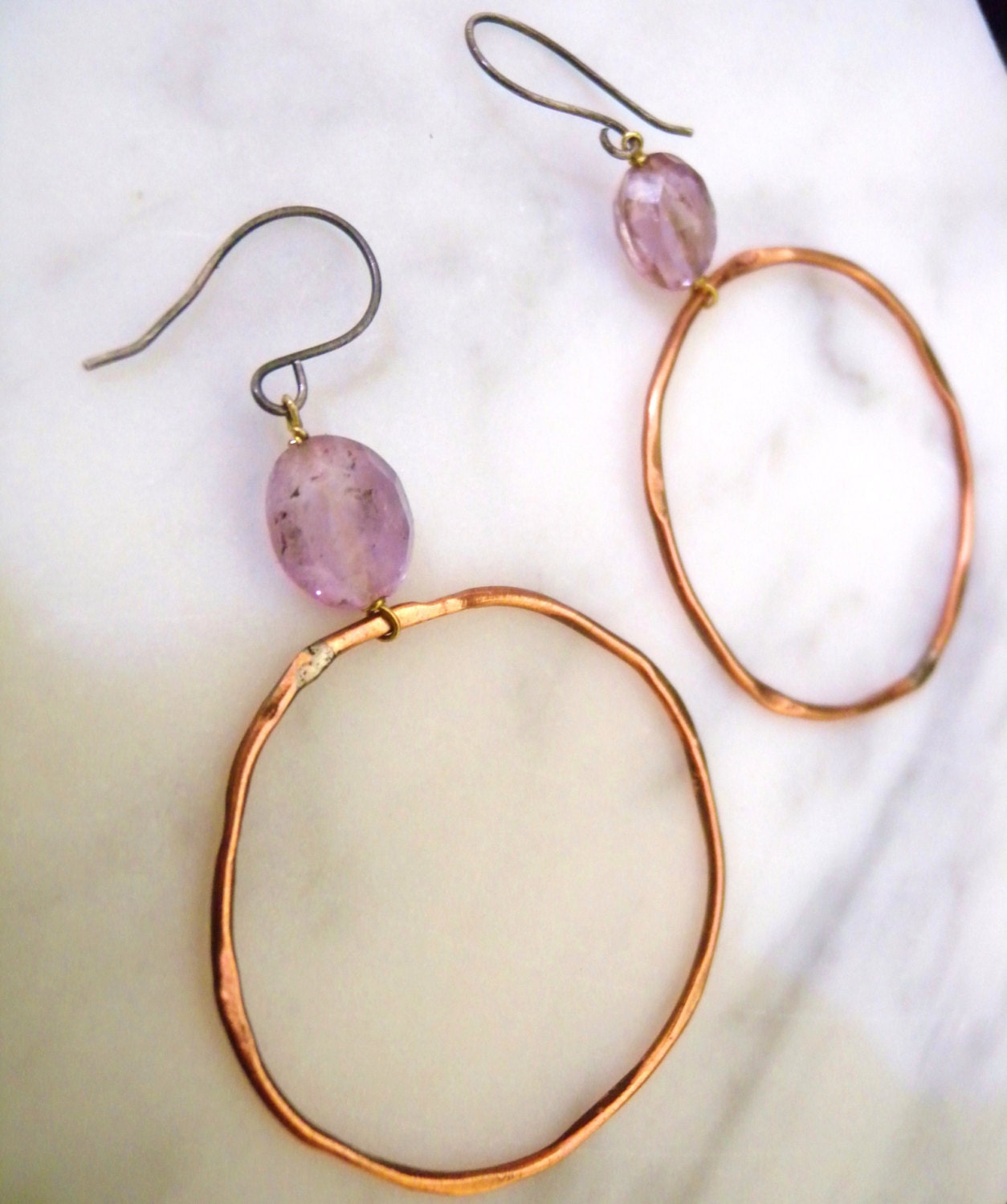 Bohemian Hoop Earrings Copper and Pink Amethyst Organic Boho Fabricated Metalwork Etsy Jewelry