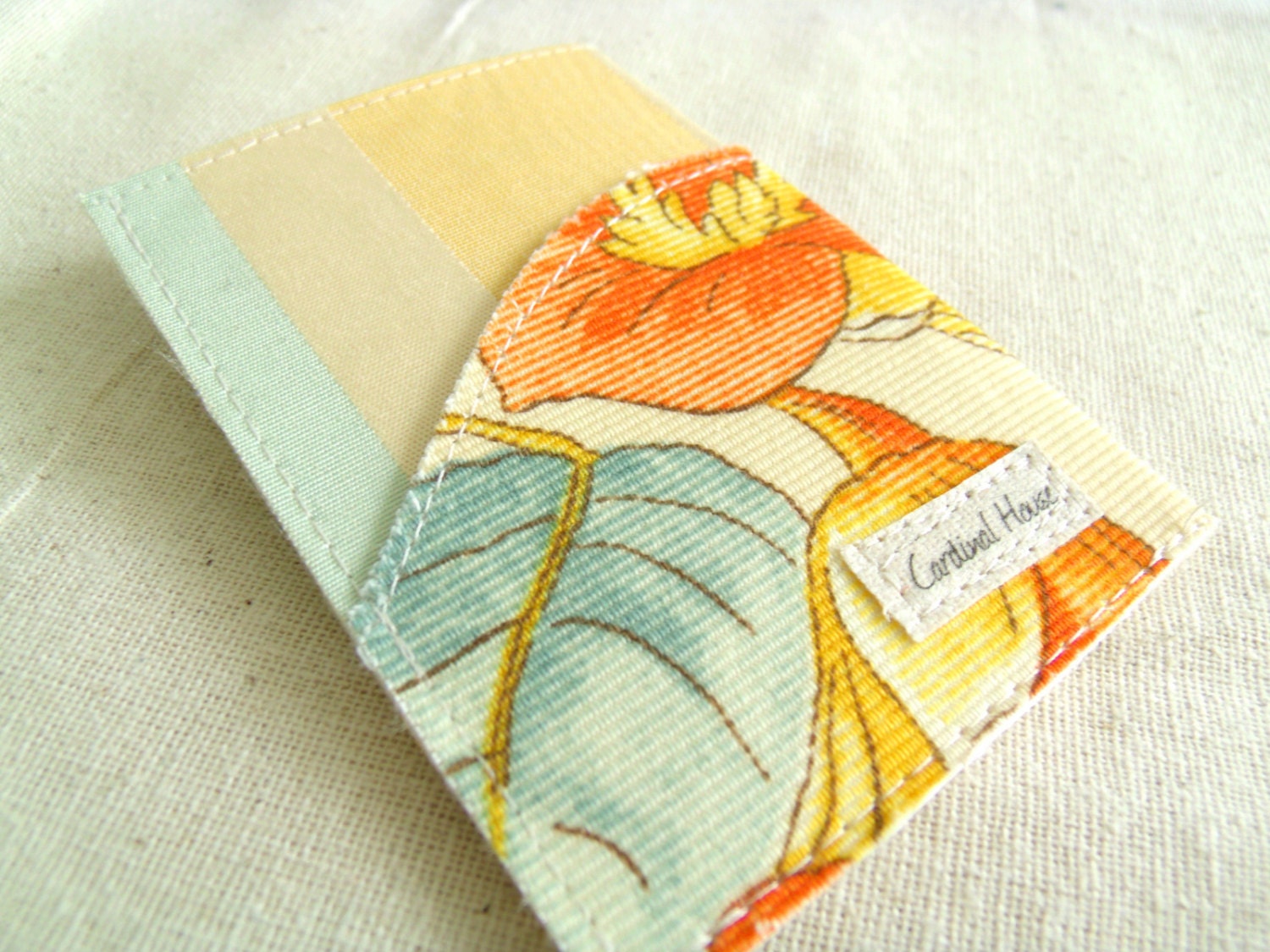 SALE - OVER 50% OFF - Mini card wallet handmade by Cardinal House - orange and blue flower. No 40.