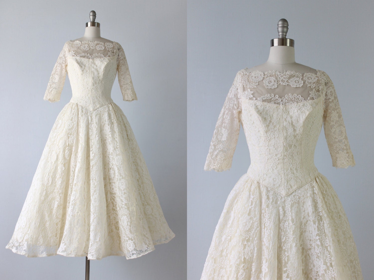 Tea Length Wedding Dress / 1950s Wedding Dress / 50s Lace Dress /  Priscilla of Boston