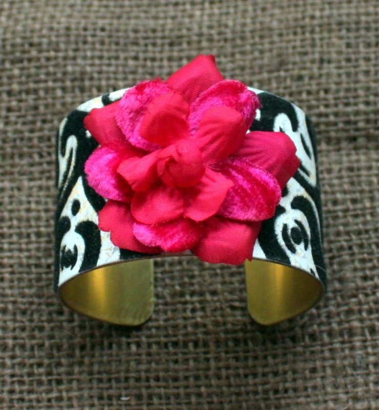 Black and White Flocked Vintage Wallpaper Cuff Bracelet with Millinery Embellishment