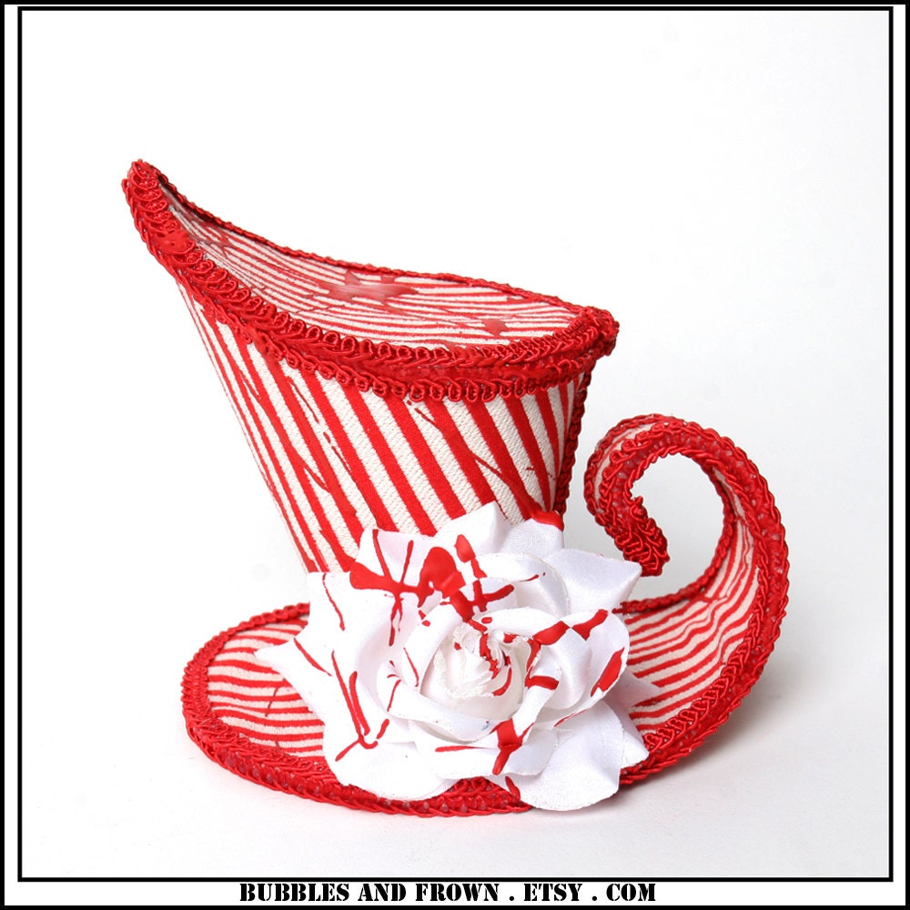 Off With Her Head... Red and White Striped Asymmetrical Mini Top Hat with Blood