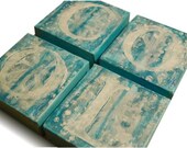 Original acrylic wall art paintings winter themed abstract COOL set of four 4x4's in teal / cool blue and snowflakes