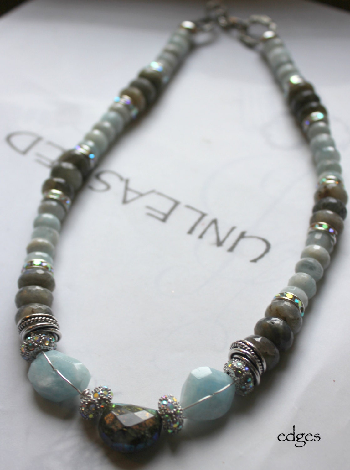 bold blue grey statement necklace wire wrapped aquamarine labradorite pandora.....Edges