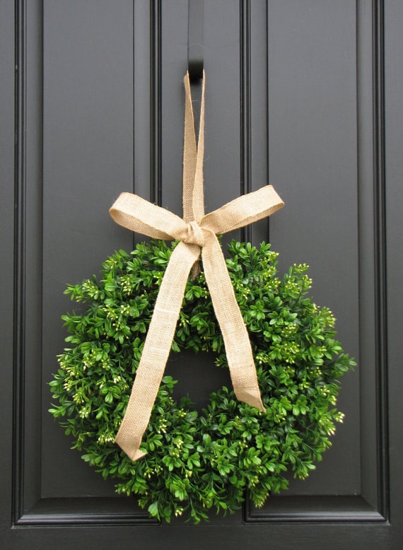Spring Decor - Burlap Bow - Boxwood Wreath - Door Wreaths