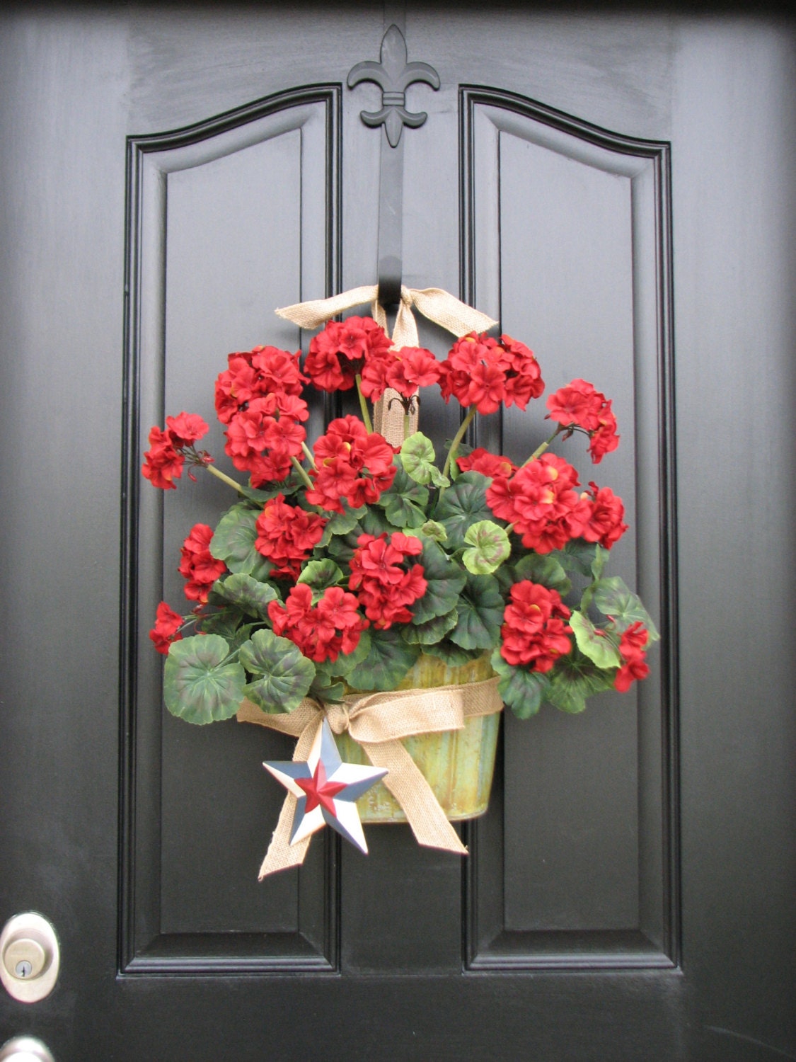 Patriotic Decor, Star Decorations, Red Geranium Wreath, Annual Geraniums, Wall Pockets, Galvanized Buckets, Bucket of Red Geraniums